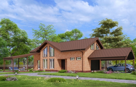 Rg6602 - Одноэтажный дом с мансардой, навесами и гаражом на две машины